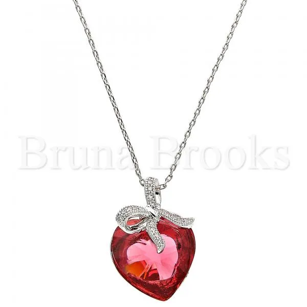 Rhodium Plated Fancy Necklace, Heart Design, with Swarovski Crystals and Crystal, Rhodium Tone