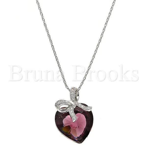 Rhodium Plated Fancy Necklace, Heart Design, with Swarovski Crystals and Crystal, Rhodium Tone