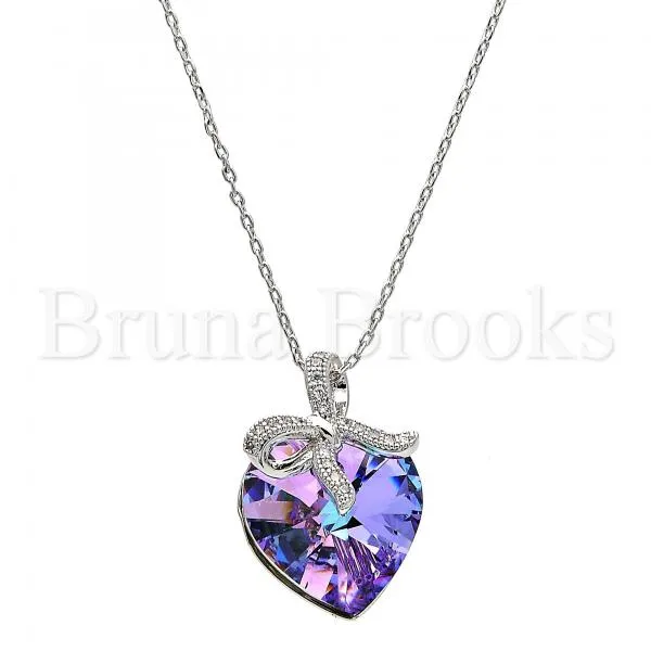 Rhodium Plated Fancy Necklace, Heart Design, with Swarovski Crystals and Crystal, Rhodium Tone