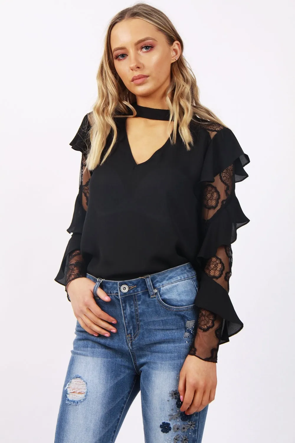 Ruffle Waterfall Lace Sleeve V Neck Choker Blouse Top