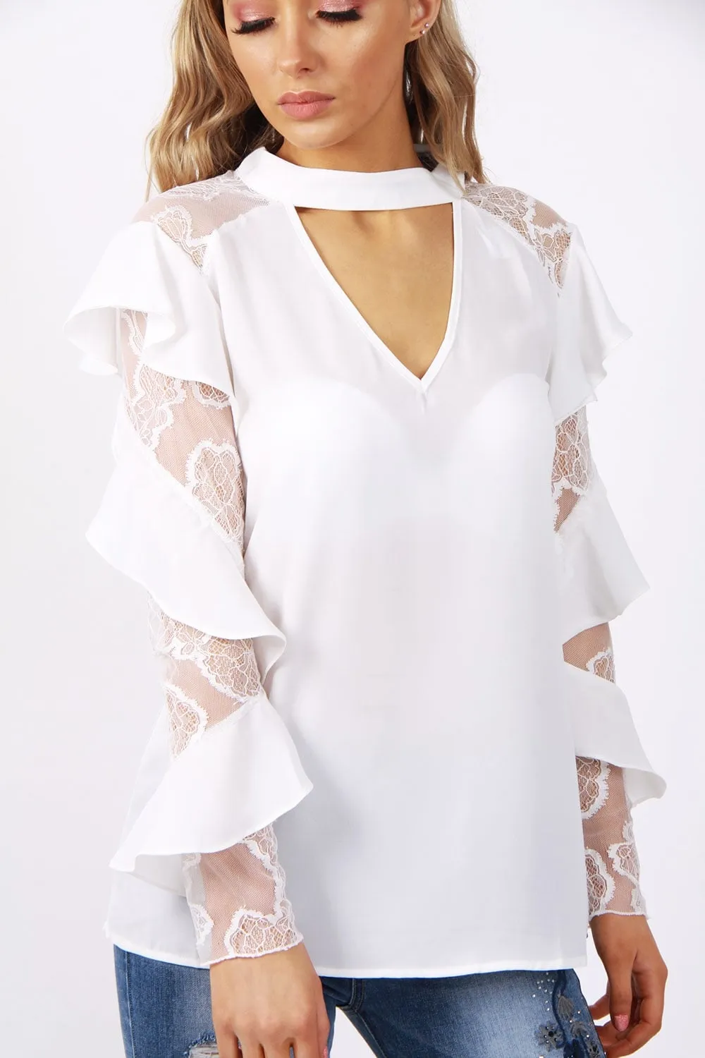 Ruffle Waterfall Lace Sleeve V Neck Choker Blouse Top