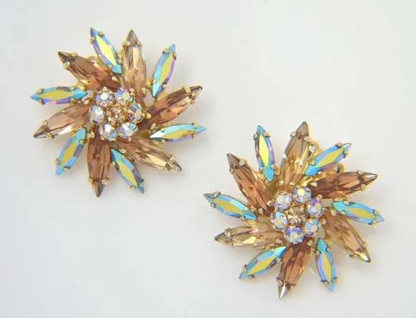 Signed 1950s Sherman Aurora Borealis Coated Brooch and Earrings