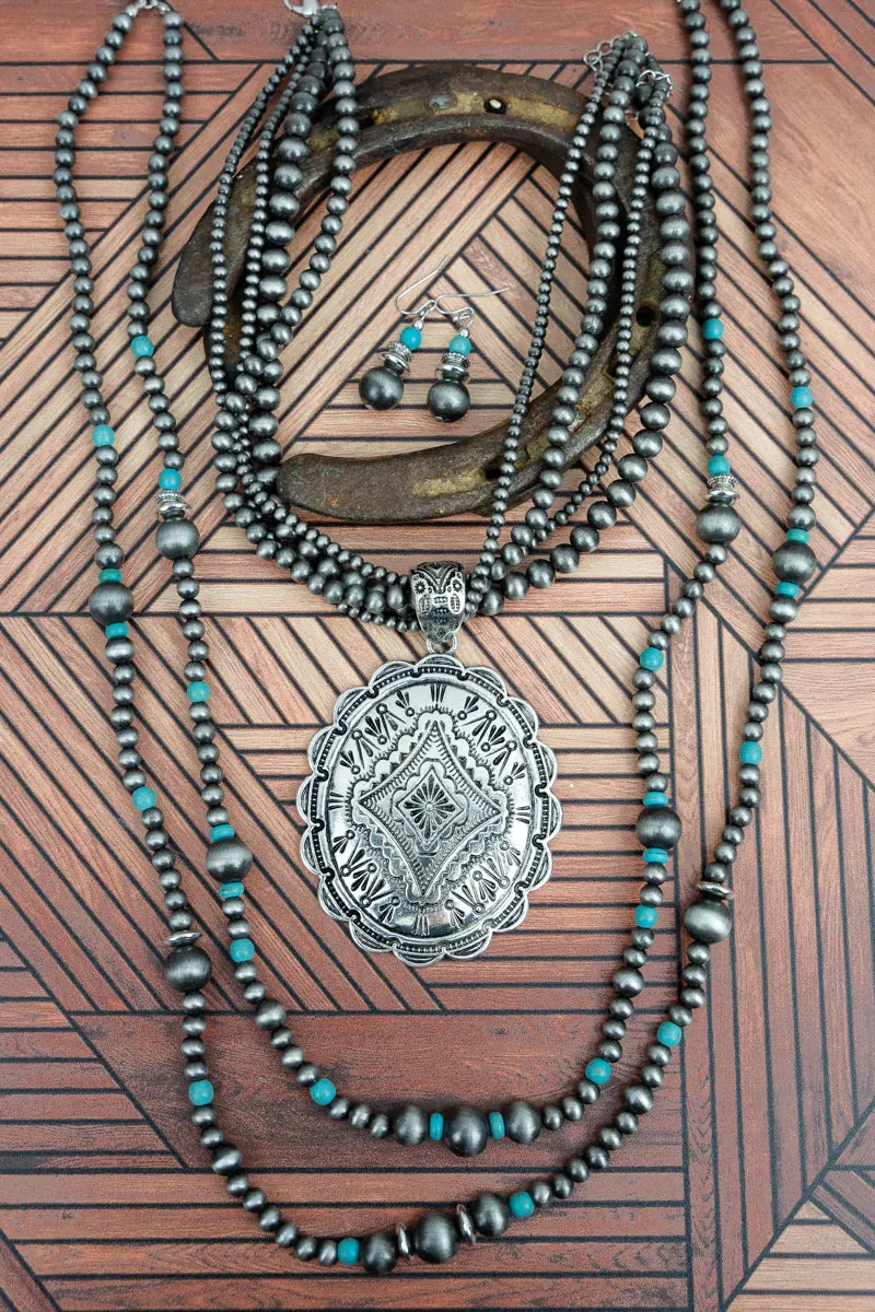 Silverthorne Turquoise Concho Double Necklace and Earring Set