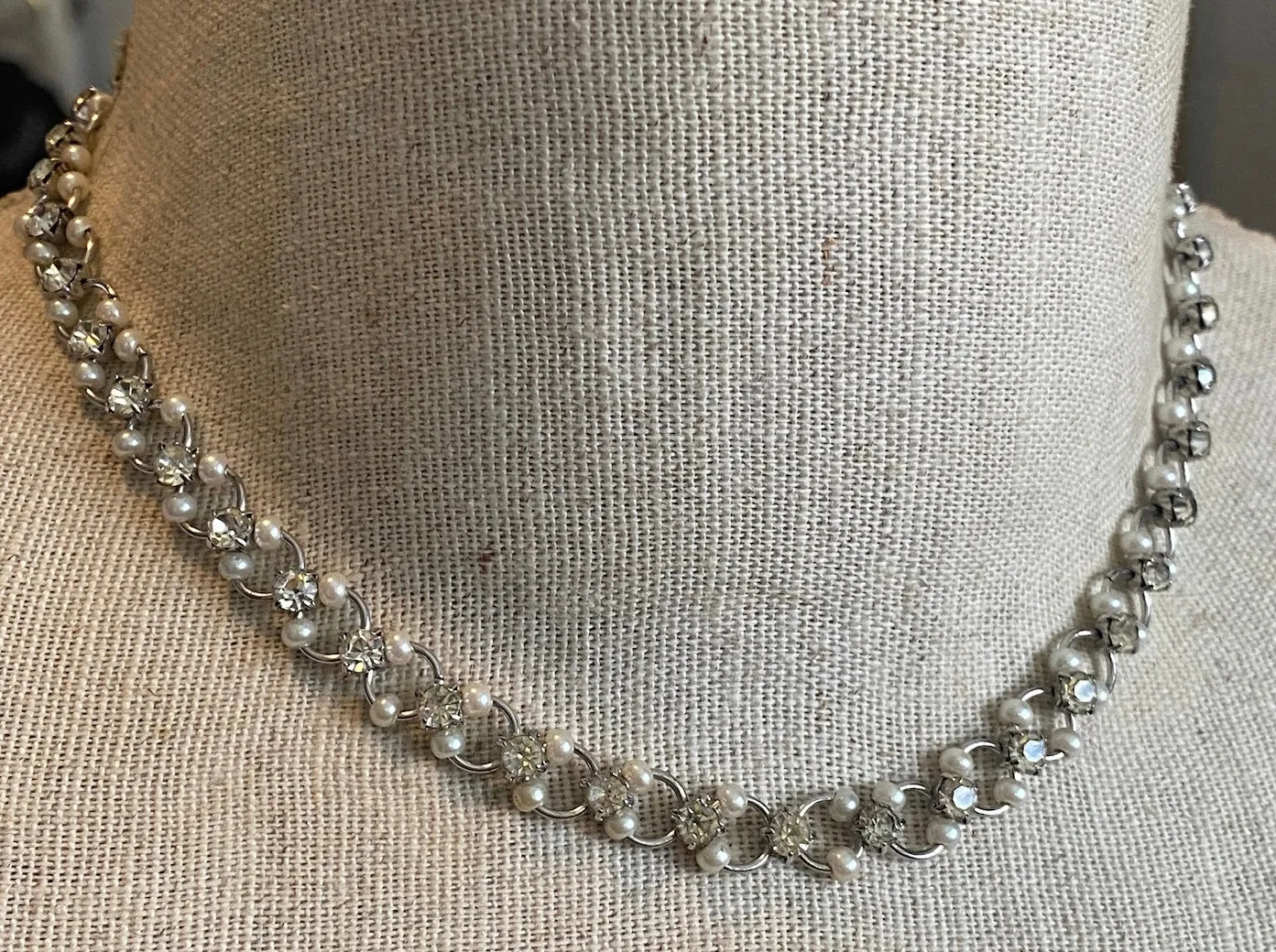 Silvertone Metal Faux Pearl Rhinestone Choker Victorian Style Necklace