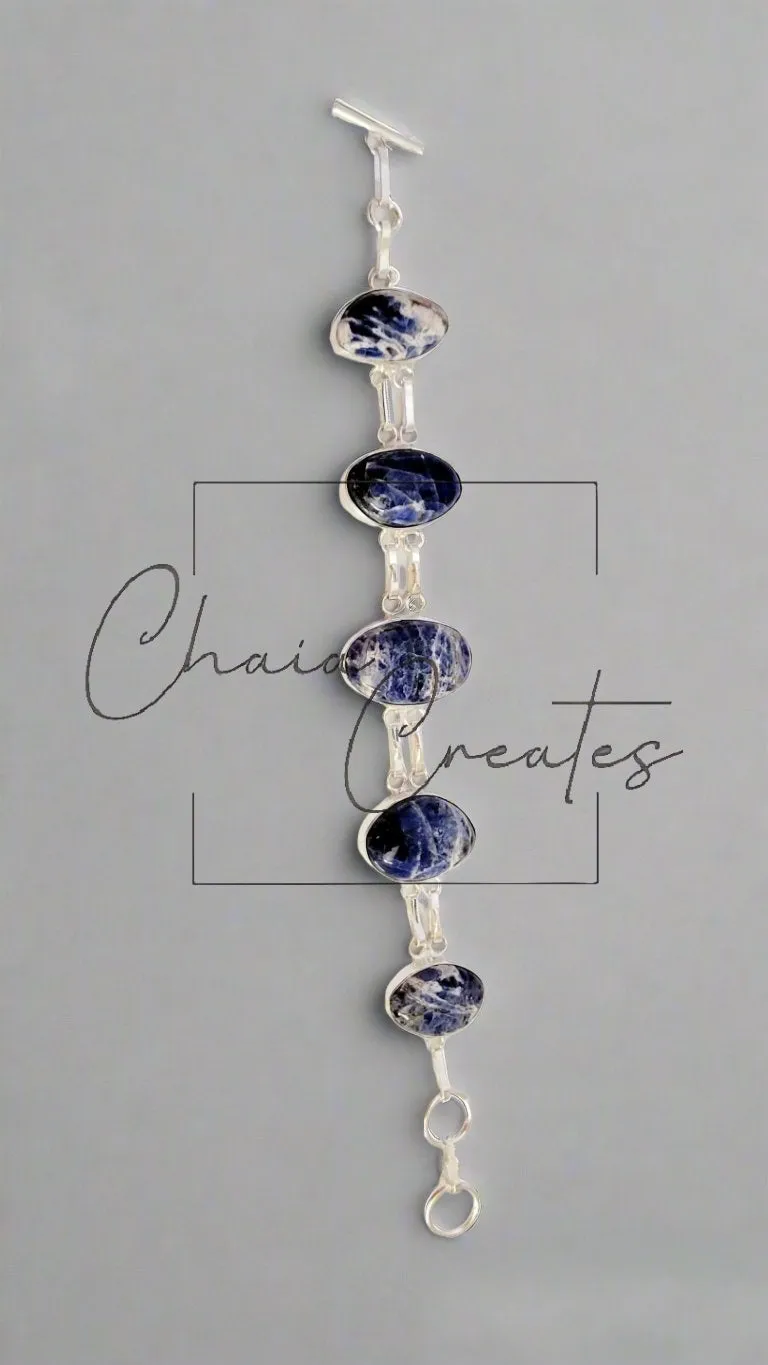 Sodalite Elegance: Handmade Sterling Silver Bracelet with Five Oval Links