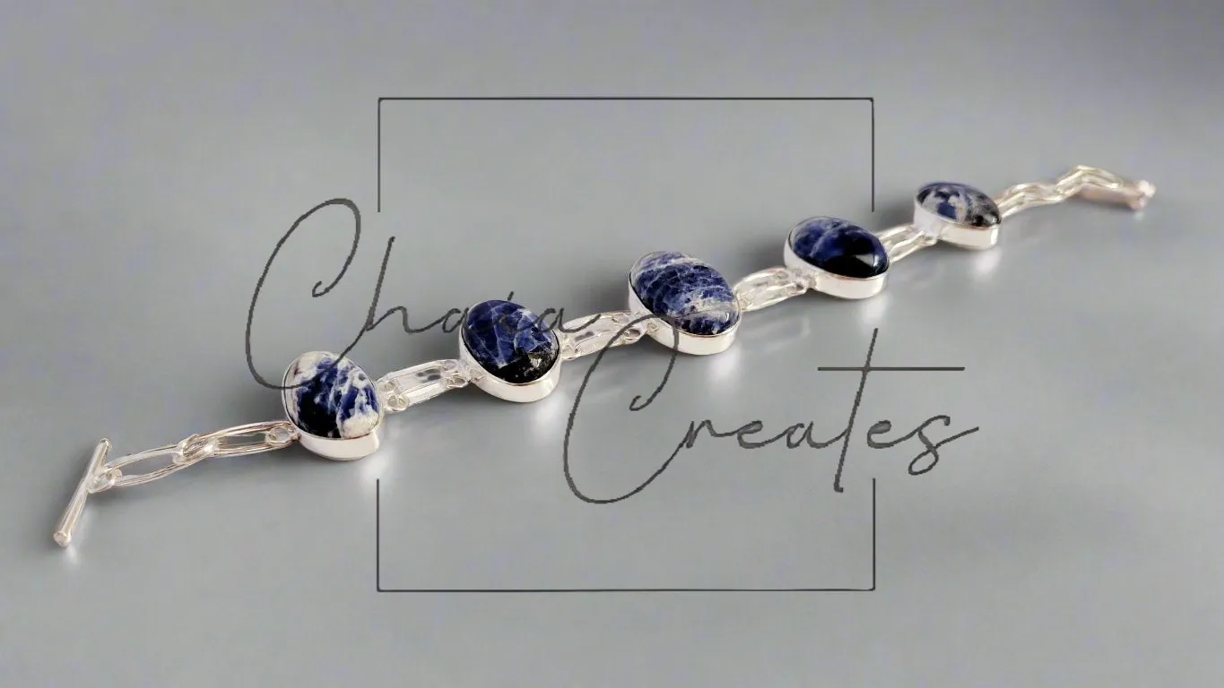 Sodalite Elegance: Handmade Sterling Silver Bracelet with Five Oval Links