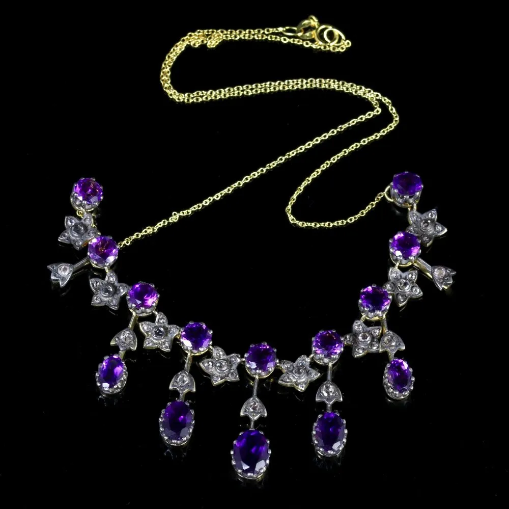 Spectacular Amethyst And Rose Cut Diamond Gold Necklace