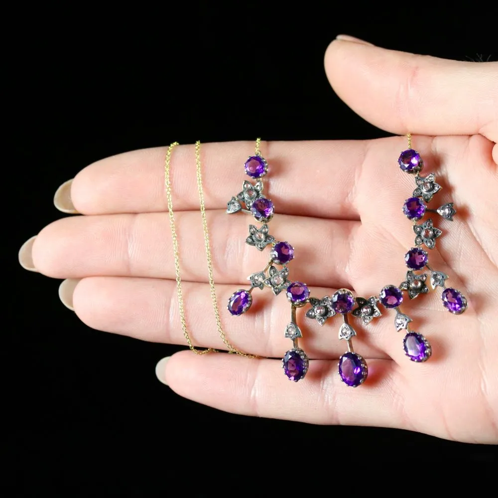 Spectacular Amethyst And Rose Cut Diamond Gold Necklace