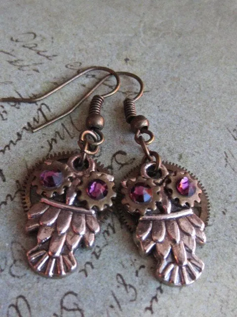 Steampunk owl earring , Steampunk earrings , Owls , Amethyst Birthstone