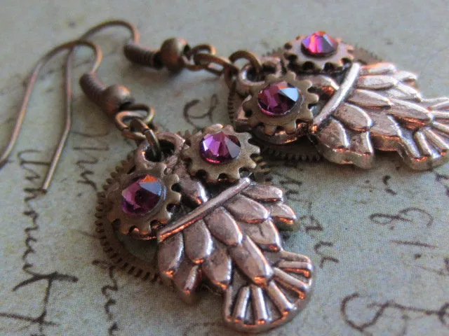 Steampunk owl earring , Steampunk earrings , Owls , Amethyst Birthstone