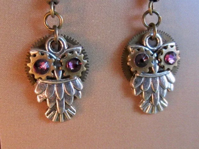 Steampunk owl earring , Steampunk earrings , Owls , Amethyst Birthstone