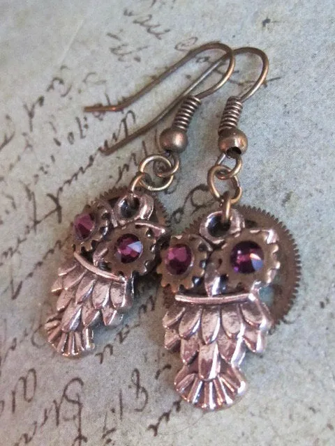 Steampunk owl earring , Steampunk earrings , Owls , Amethyst Birthstone