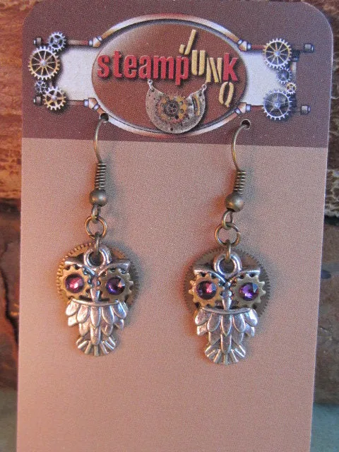 Steampunk owl earring , Steampunk earrings , Owls , Amethyst Birthstone