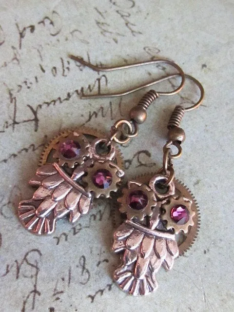 Steampunk owl earring , Steampunk earrings , Owls , Amethyst Birthstone