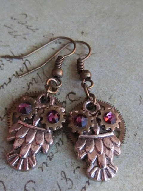 Steampunk owl earring , Steampunk earrings , Owls , Amethyst Birthstone