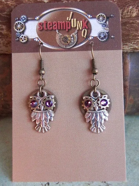 Steampunk owl earring , Steampunk earrings , Owls , Amethyst Birthstone