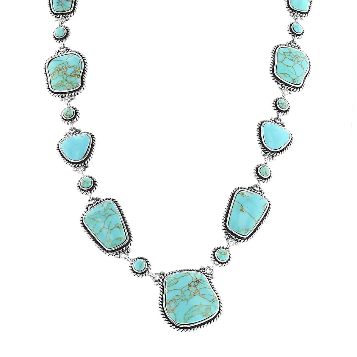 Sterling Turquoise Section Necklace With Rope Edge