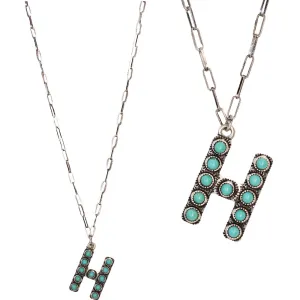 Turquoise Stone Initial "H" Pendant & Link Chain Necklace