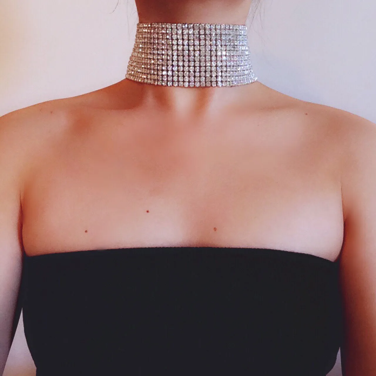 UNIQUE HANDMADE SEXY SUPER WIDE WITH SILVER DENSE DIAMANTÉ DIAMANTE BLACK NET CHOKER NECKLACE