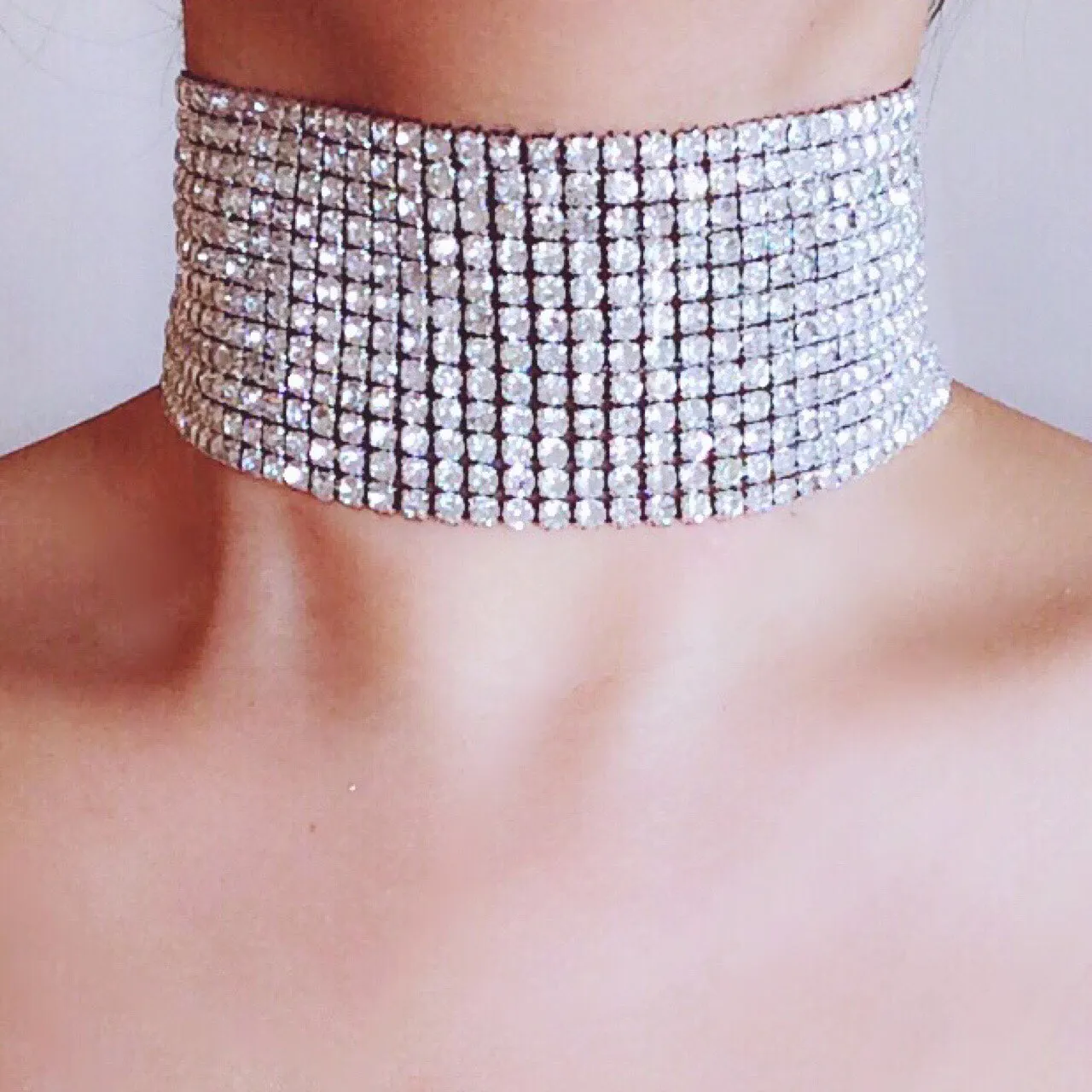 UNIQUE HANDMADE SEXY SUPER WIDE WITH SILVER DENSE DIAMANTÉ DIAMANTE BLACK NET CHOKER NECKLACE