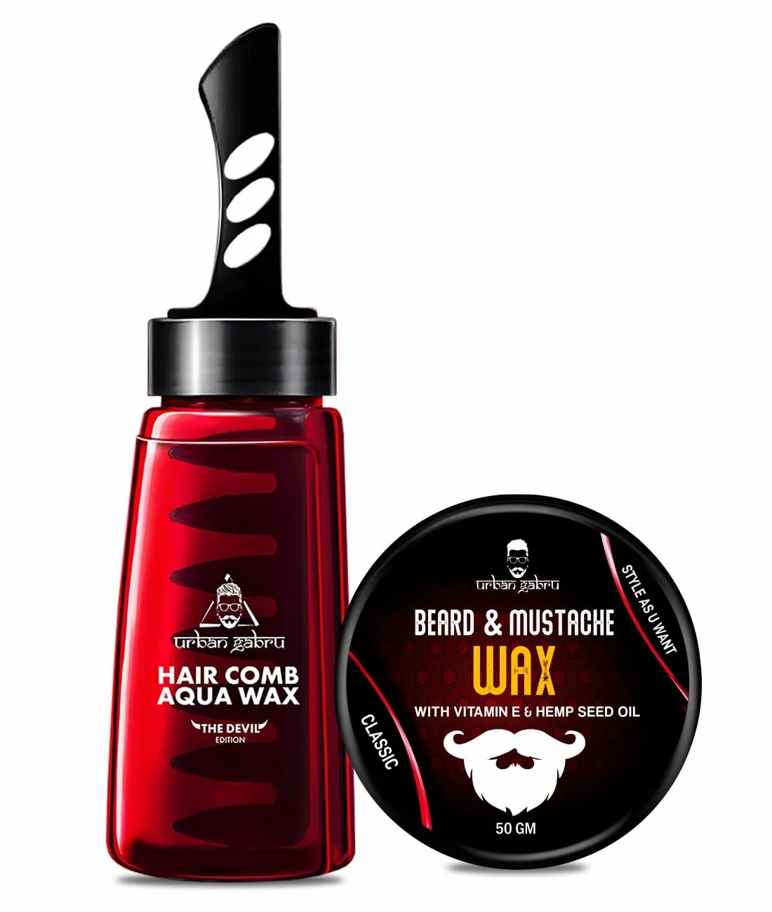 Urbangabru Hair Comb Aqua Wax - The Devil Edition - 260 ML & Beard Wax 50 GM - Men's Grooming Combo Kit