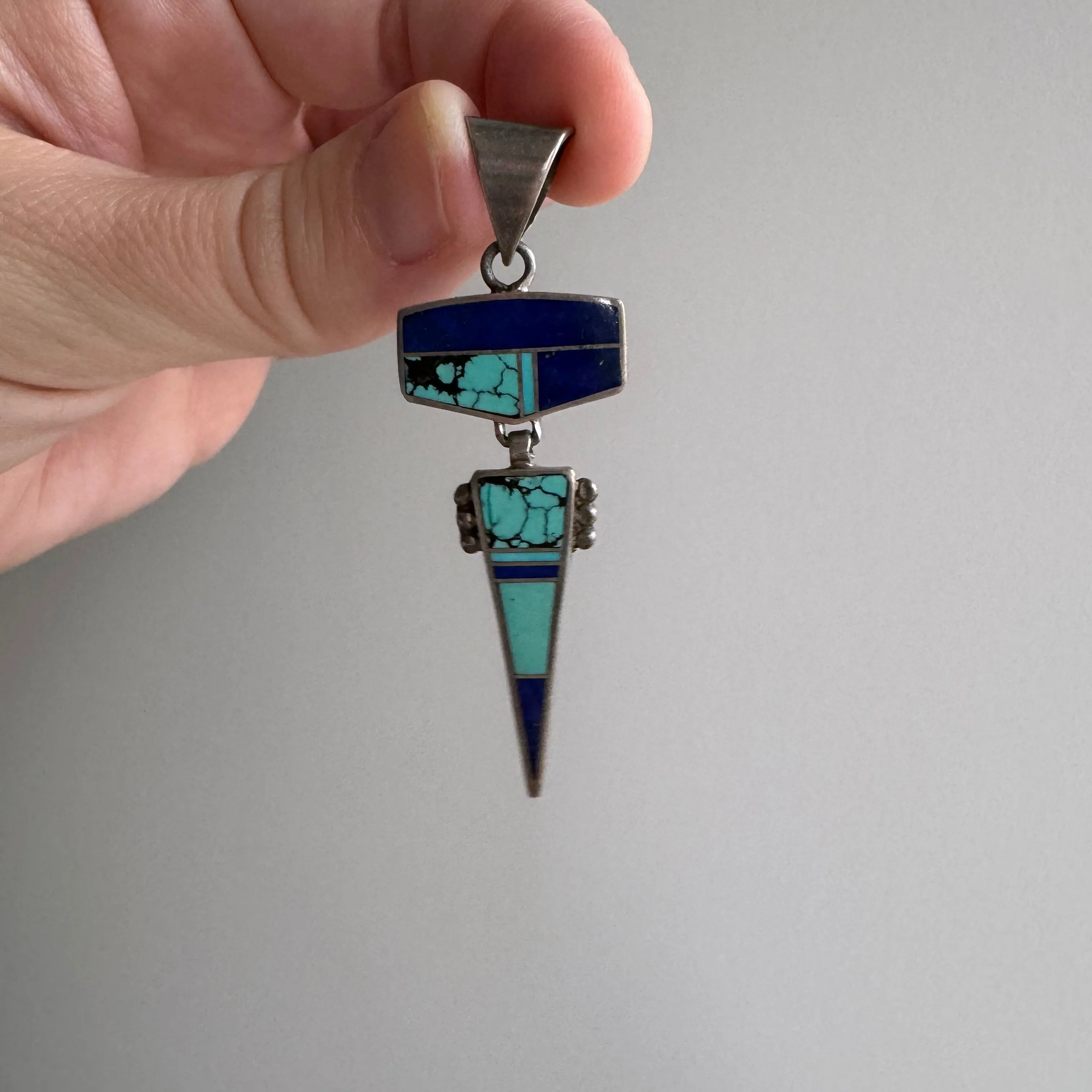 V I N T A G E // solved puzzle / sterling silver geometric inlay pendant with lapis and turquoise