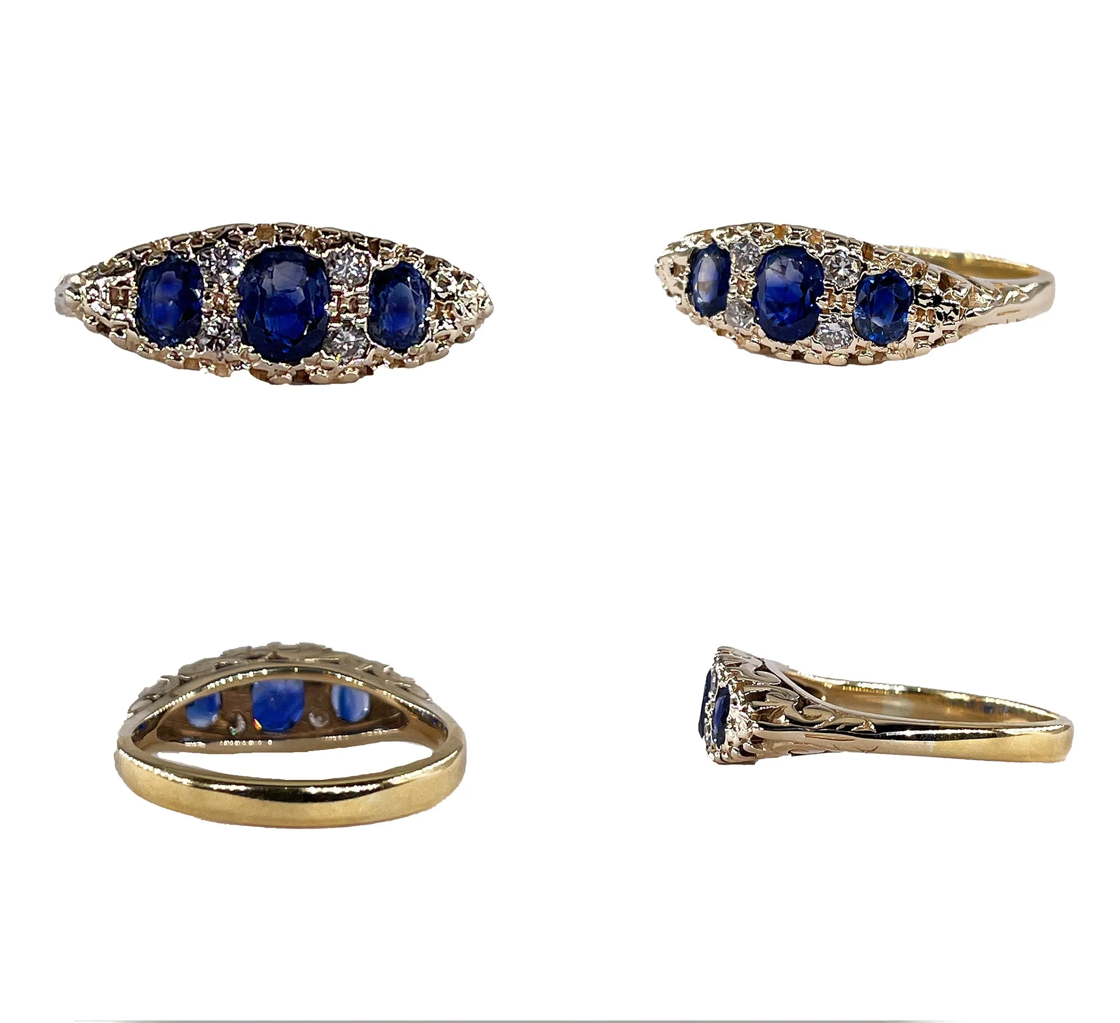 Victorian Revival 1.09ct Vintage GIA Blue Sapphire & Diamond Trilogy 16k Gold Ring