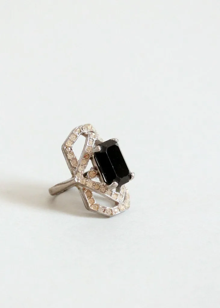 Vintage 1930s Black Glass and Rhinestone Cocktail Ring