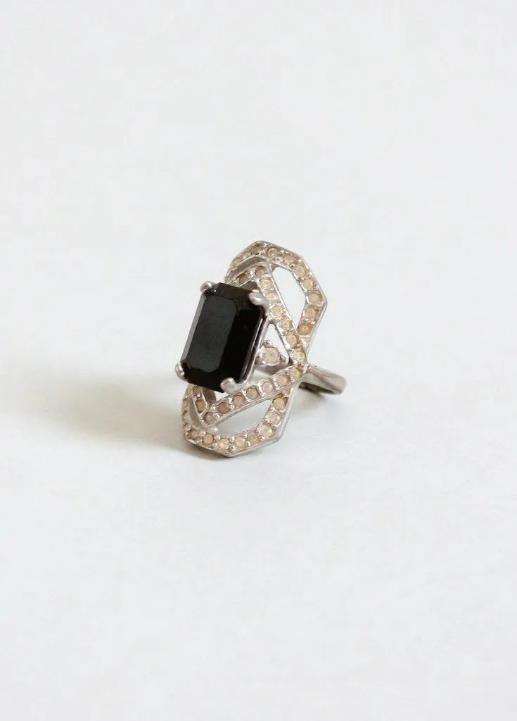 Vintage 1930s Black Glass and Rhinestone Cocktail Ring