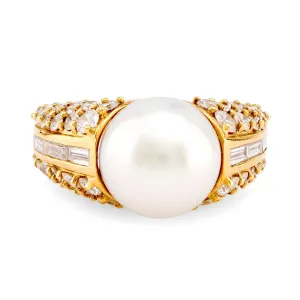 Vintage Cultured Pearl Diamond 18K Yellow Gold Cocktail Ring