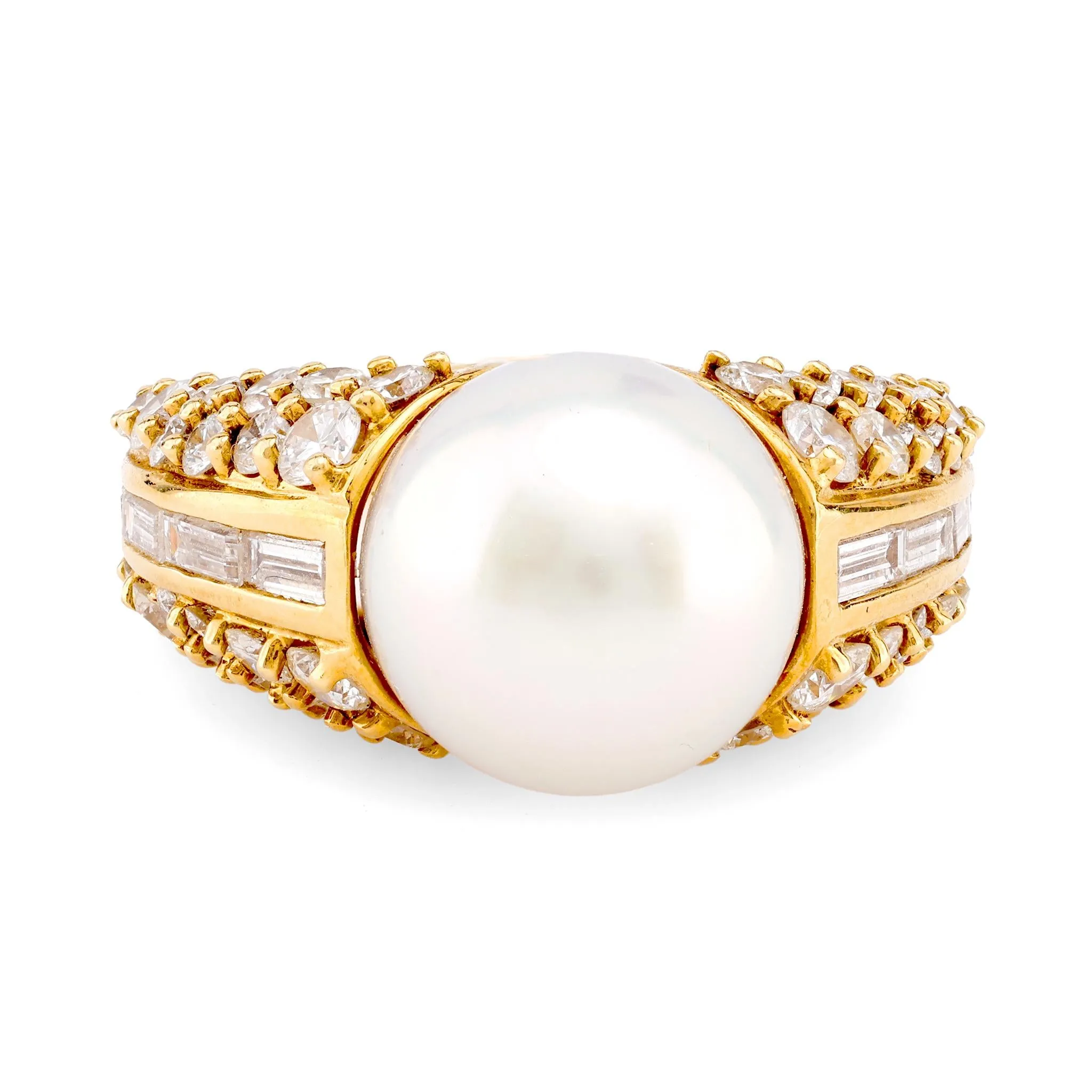 Vintage Cultured Pearl Diamond 18K Yellow Gold Cocktail Ring