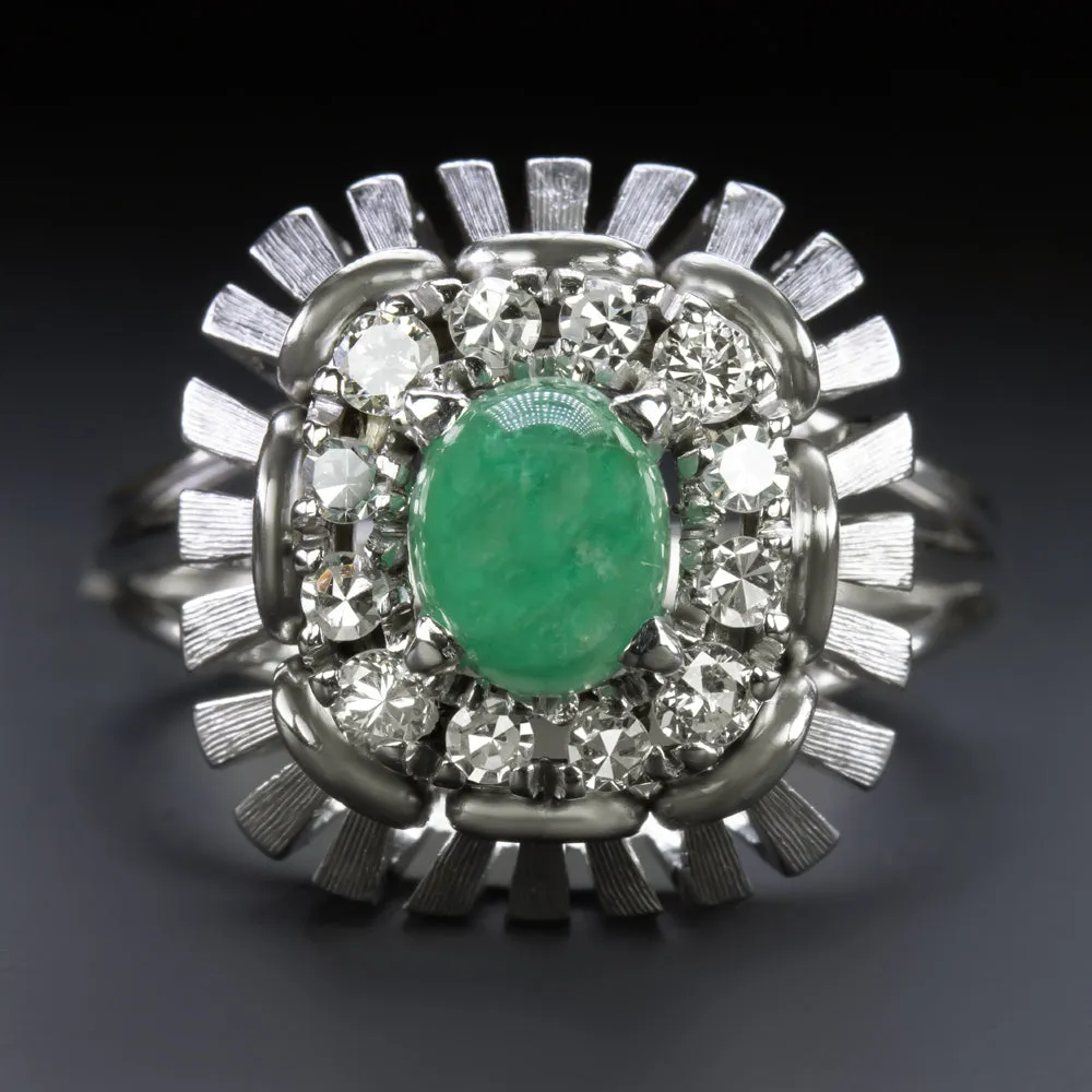 VINTAGE EMERALD DIAMOND COCKTAIL RING BIG STATEMENT HALO 8.8gm 14k WHITE GOLD