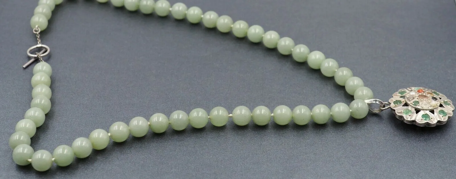 Vintage Jade Bead Necklace with Sterling Silver & Semi-Precious Gemstones Centrepiece