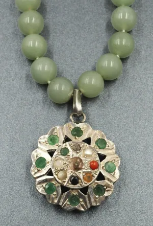 Vintage Jade Bead Necklace with Sterling Silver & Semi-Precious Gemstones Centrepiece