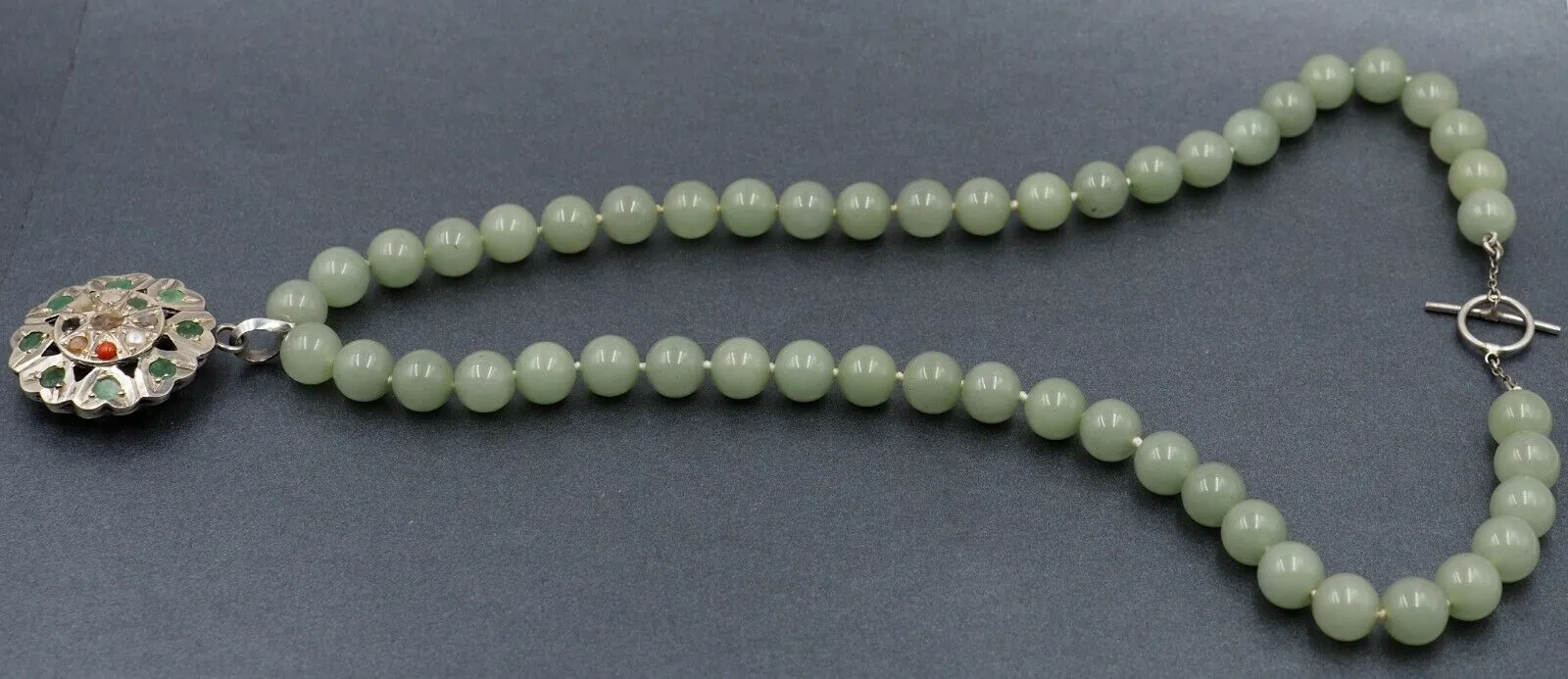 Vintage Jade Bead Necklace with Sterling Silver & Semi-Precious Gemstones Centrepiece