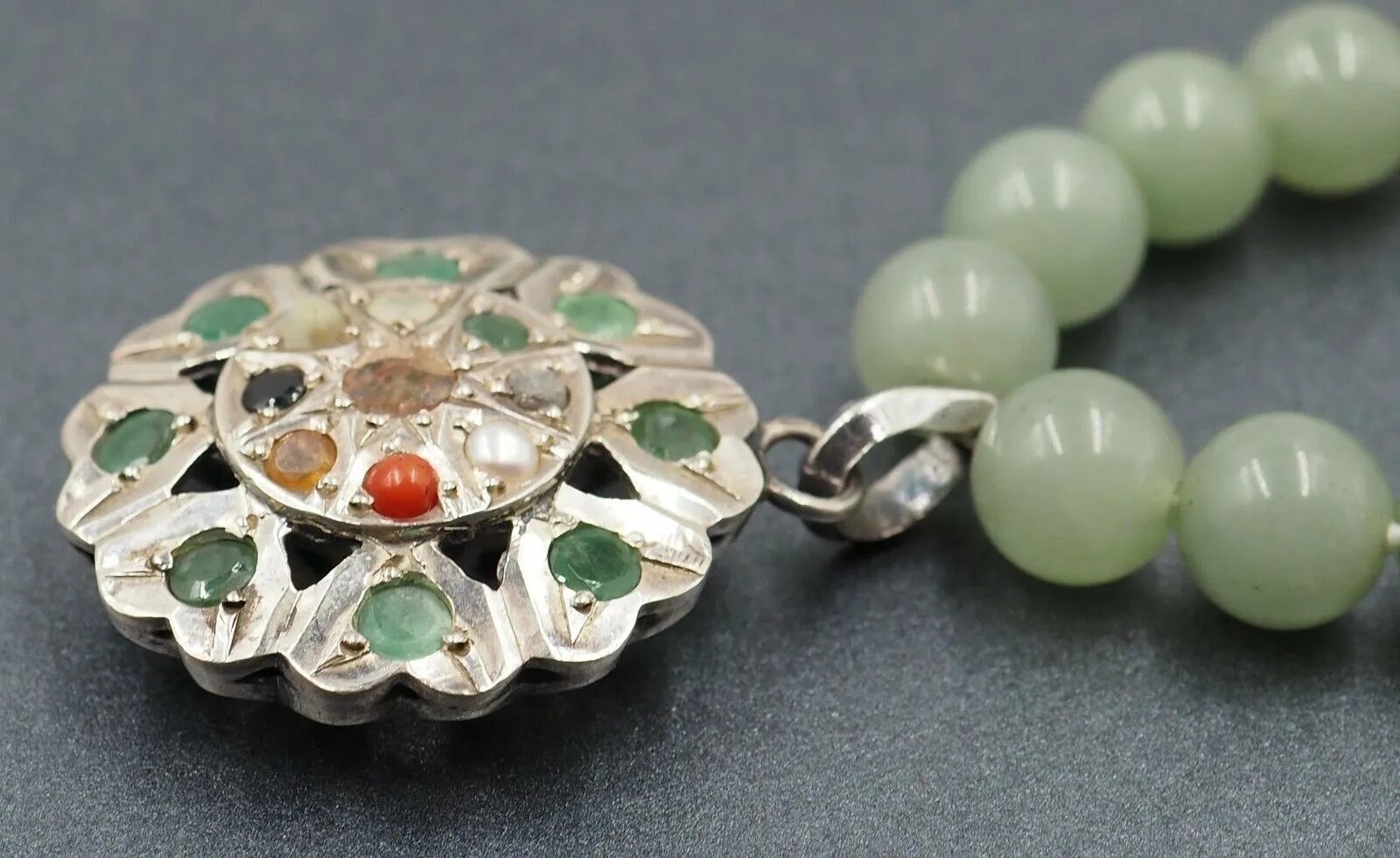 Vintage Jade Bead Necklace with Sterling Silver & Semi-Precious Gemstones Centrepiece