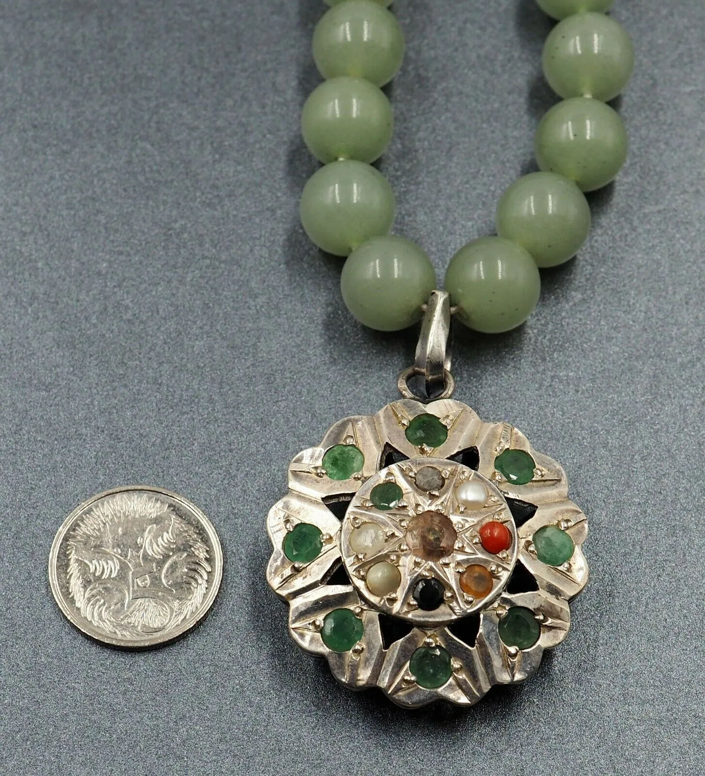 Vintage Jade Bead Necklace with Sterling Silver & Semi-Precious Gemstones Centrepiece