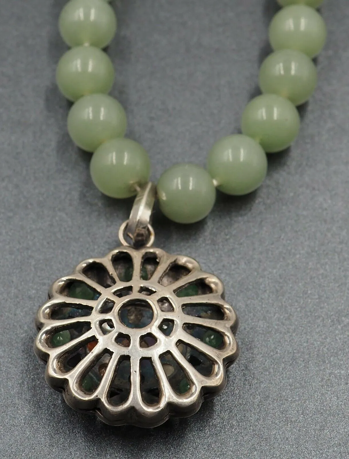 Vintage Jade Bead Necklace with Sterling Silver & Semi-Precious Gemstones Centrepiece