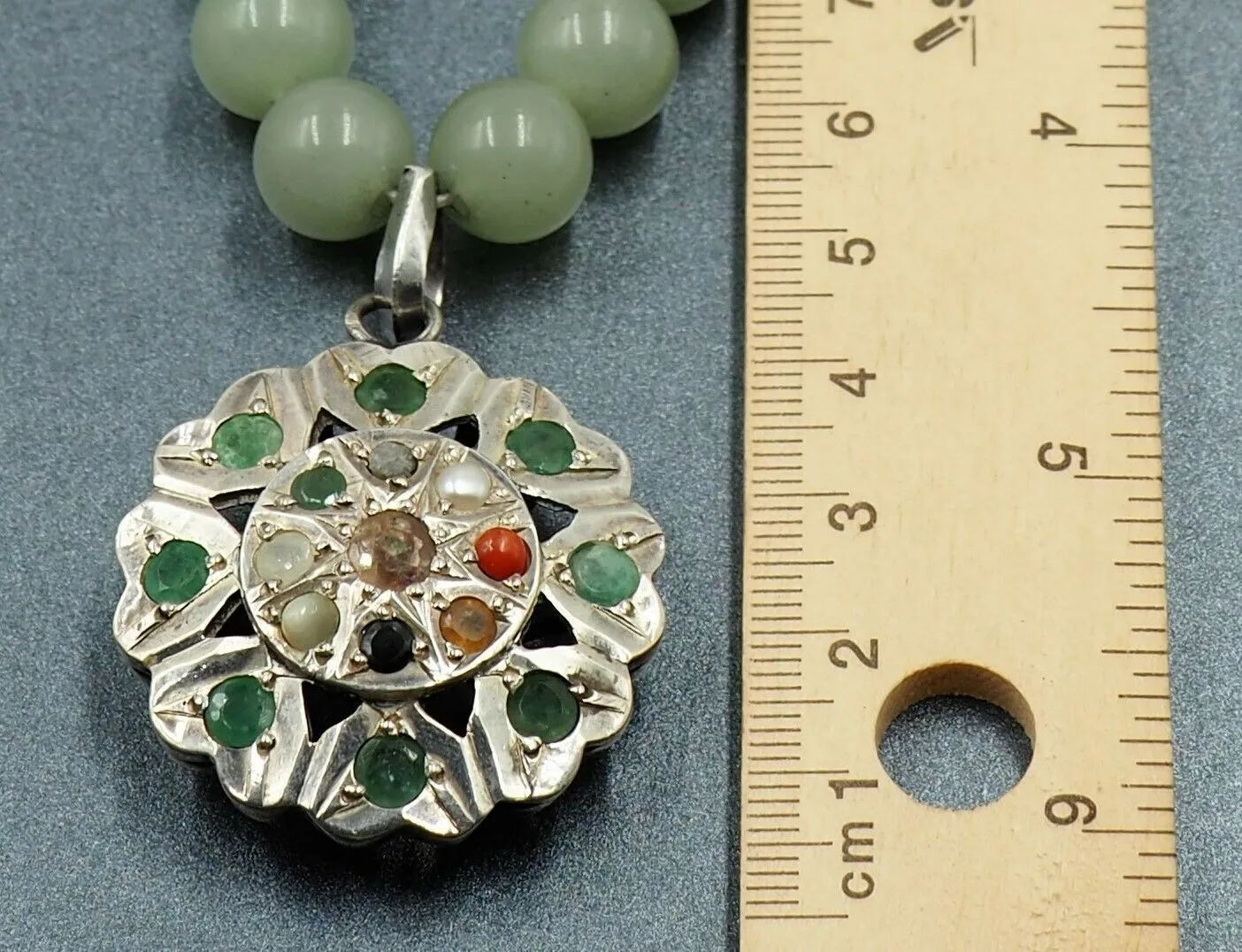 Vintage Jade Bead Necklace with Sterling Silver & Semi-Precious Gemstones Centrepiece