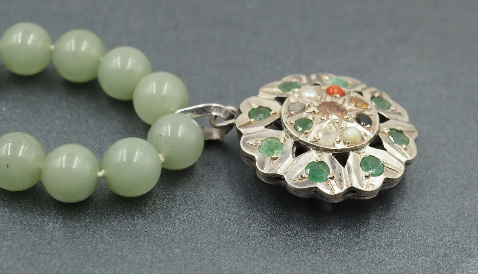 Vintage Jade Bead Necklace with Sterling Silver & Semi-Precious Gemstones Centrepiece