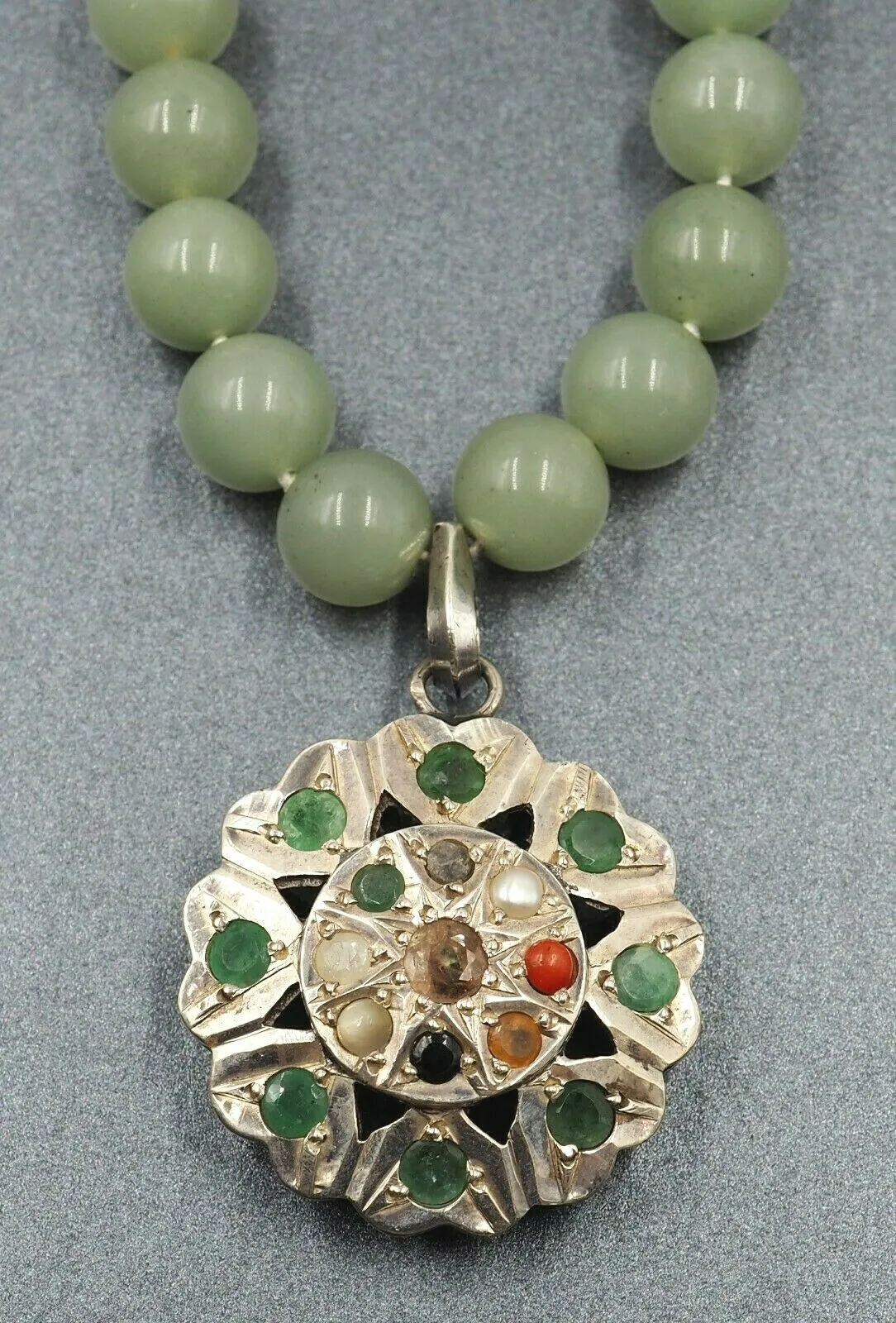 Vintage Jade Bead Necklace with Sterling Silver & Semi-Precious Gemstones Centrepiece