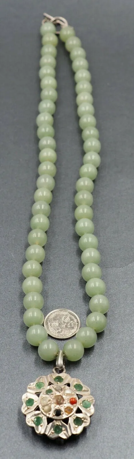 Vintage Jade Bead Necklace with Sterling Silver & Semi-Precious Gemstones Centrepiece