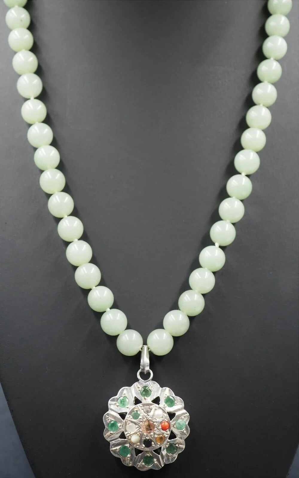 Vintage Jade Bead Necklace with Sterling Silver & Semi-Precious Gemstones Centrepiece