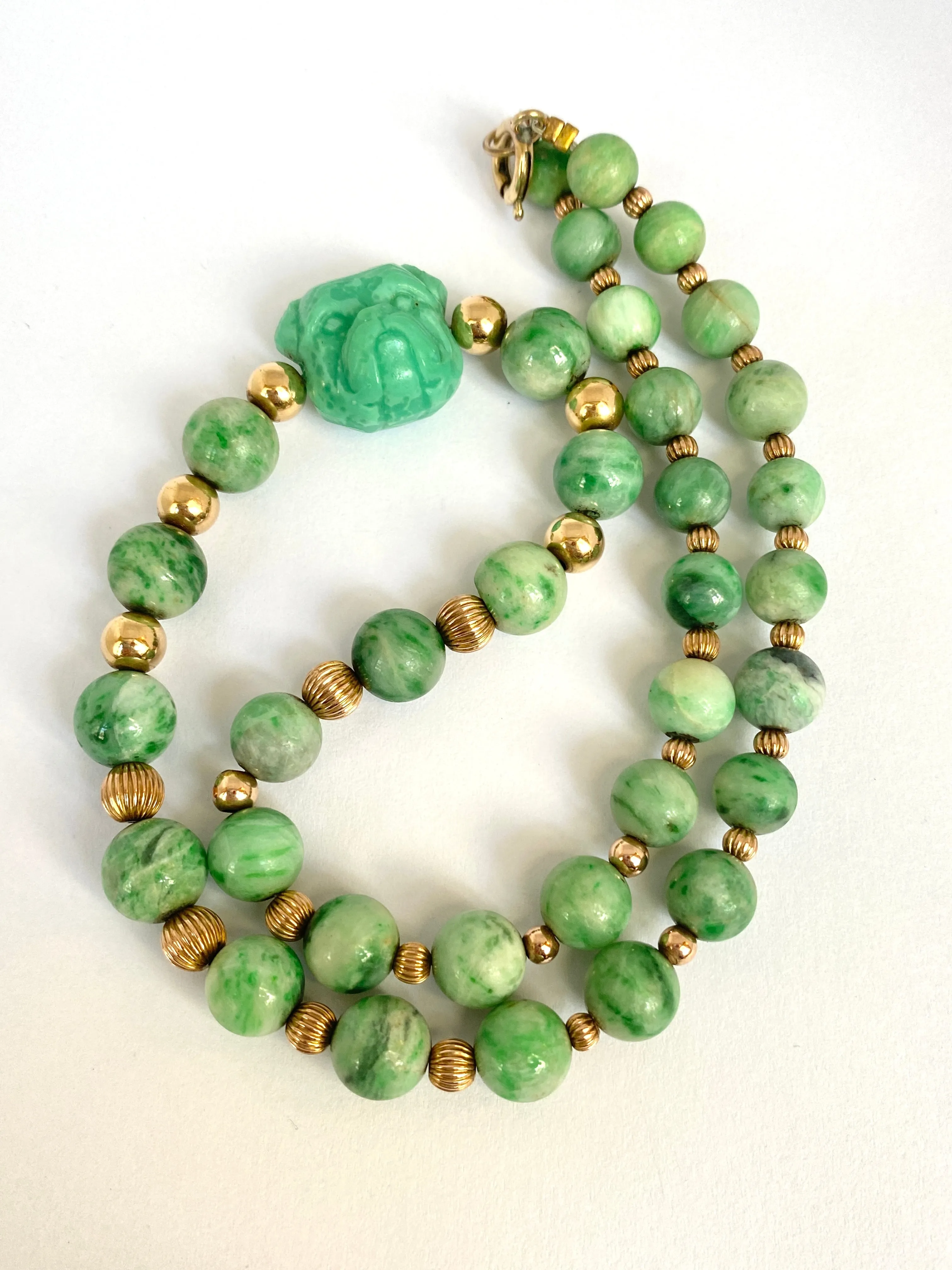 Vintage Jadeite Bead Necklace with Carved Bull Dog