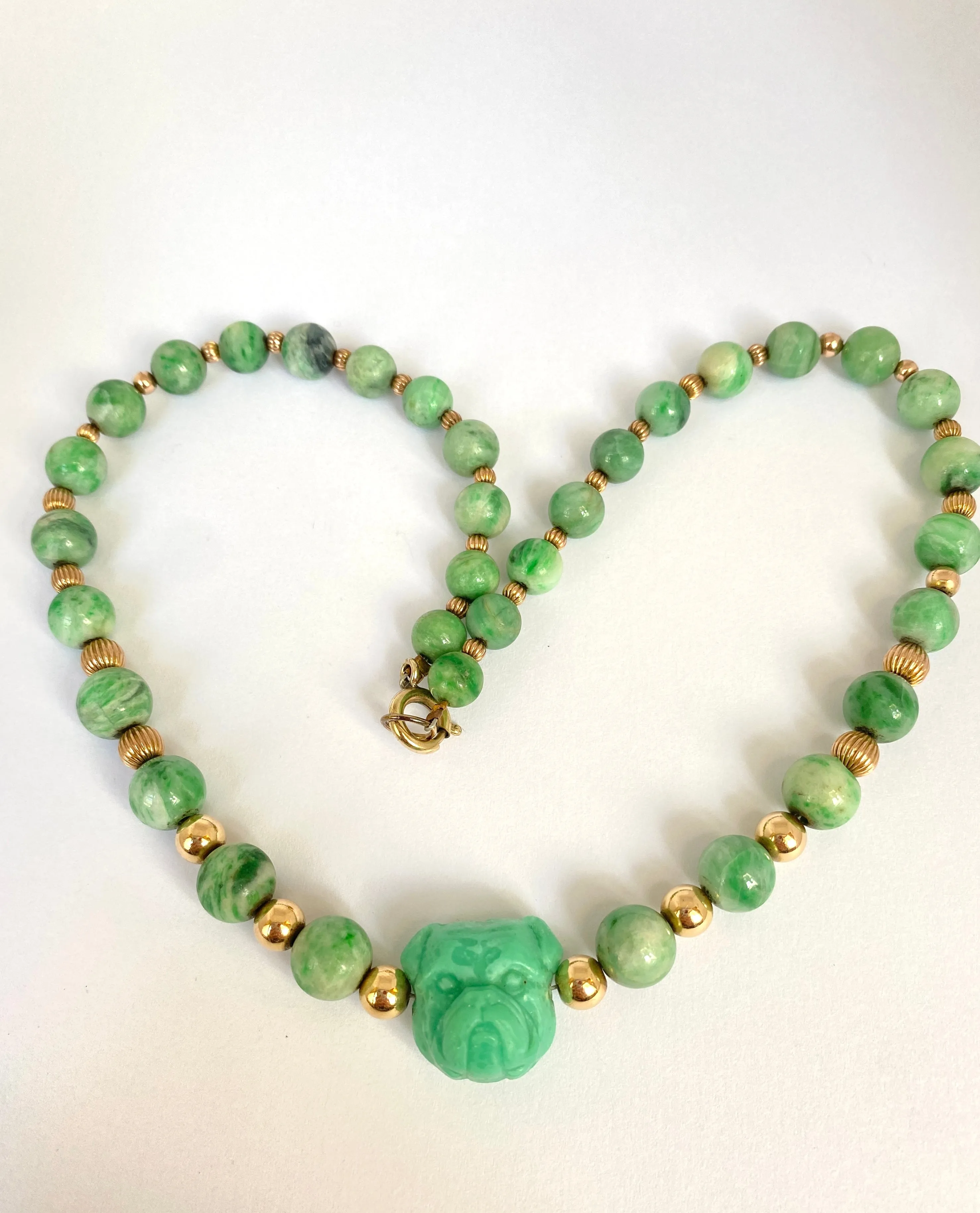 Vintage Jadeite Bead Necklace with Carved Bull Dog