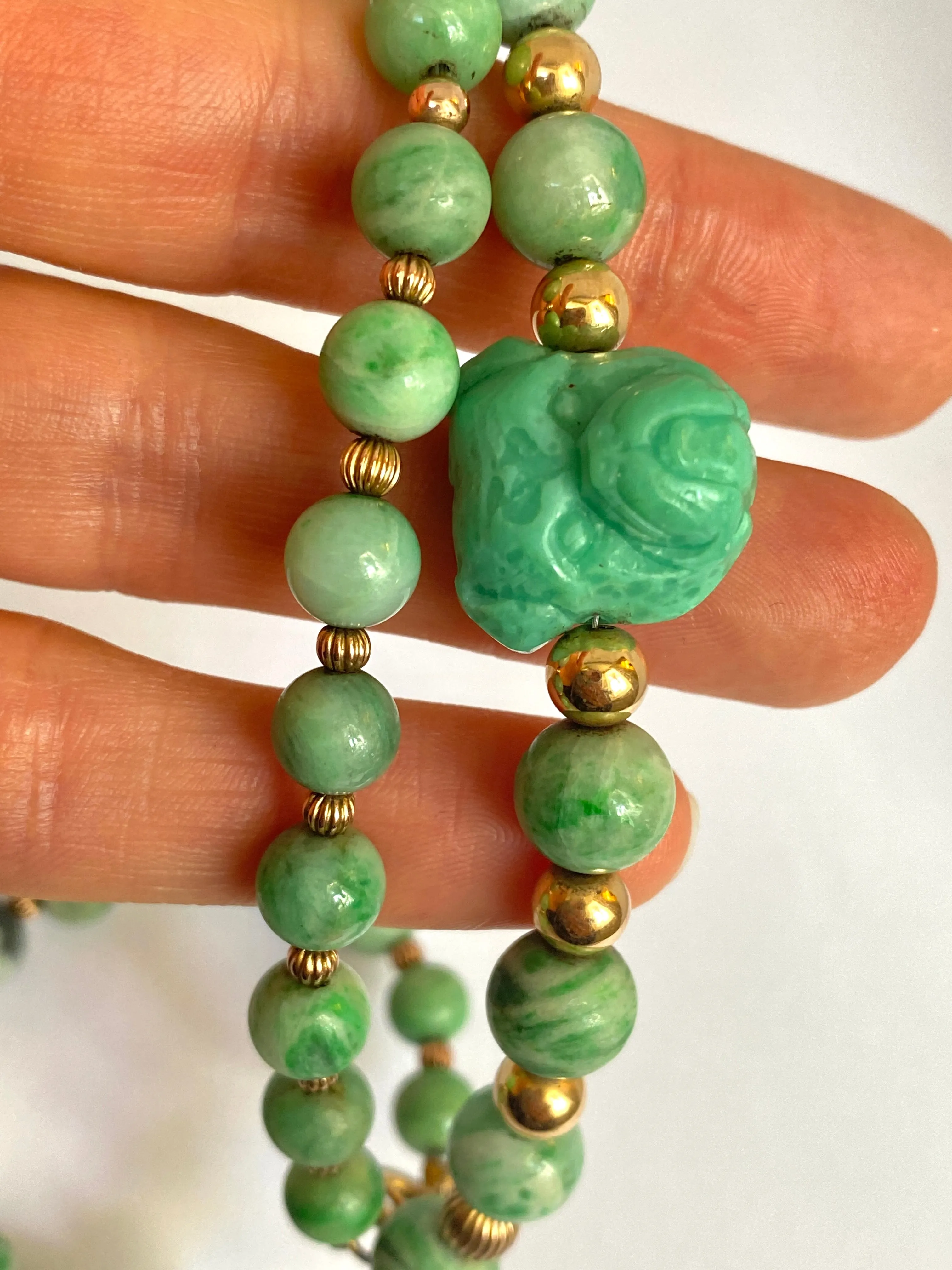 Vintage Jadeite Bead Necklace with Carved Bull Dog