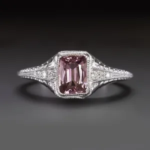 VINTAGE STYLE PINK SPINEL DIAMOND COCKTAIL RING 14k WHITE GOLD BEZEL ENGRAVED